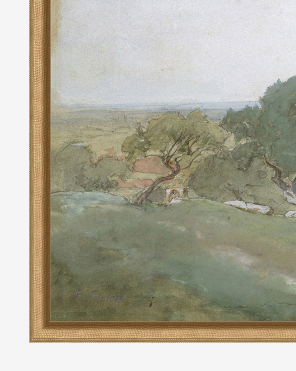 Backroads is a framed landscape artwork featuring green hills, trees, and a distant horizon in soft, muted colors with delicate brushstrokes. Only part of the art and frame is shown, adding vintage charm to any gallery wall.