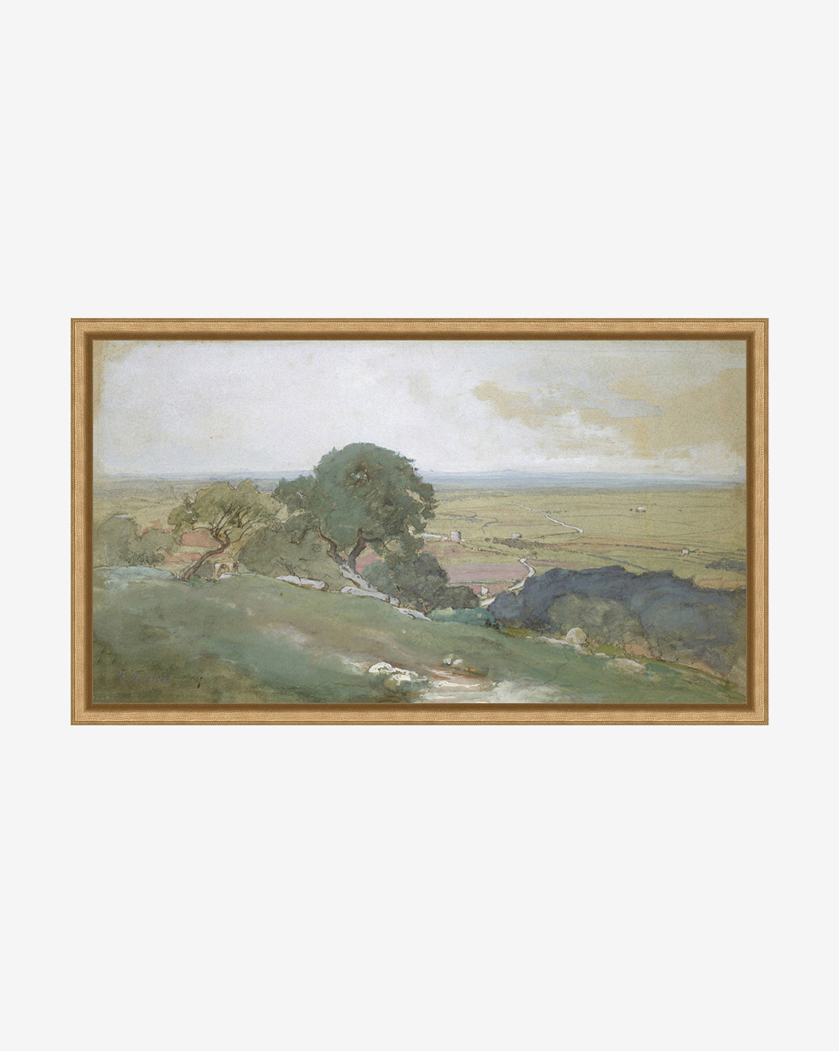Backroads is a framed landscape featuring rolling green hills, scattered trees, grazing sheep, and a cloudy sky over a distant plain—an ideal piece for adding vintage charm to any gallery wall.