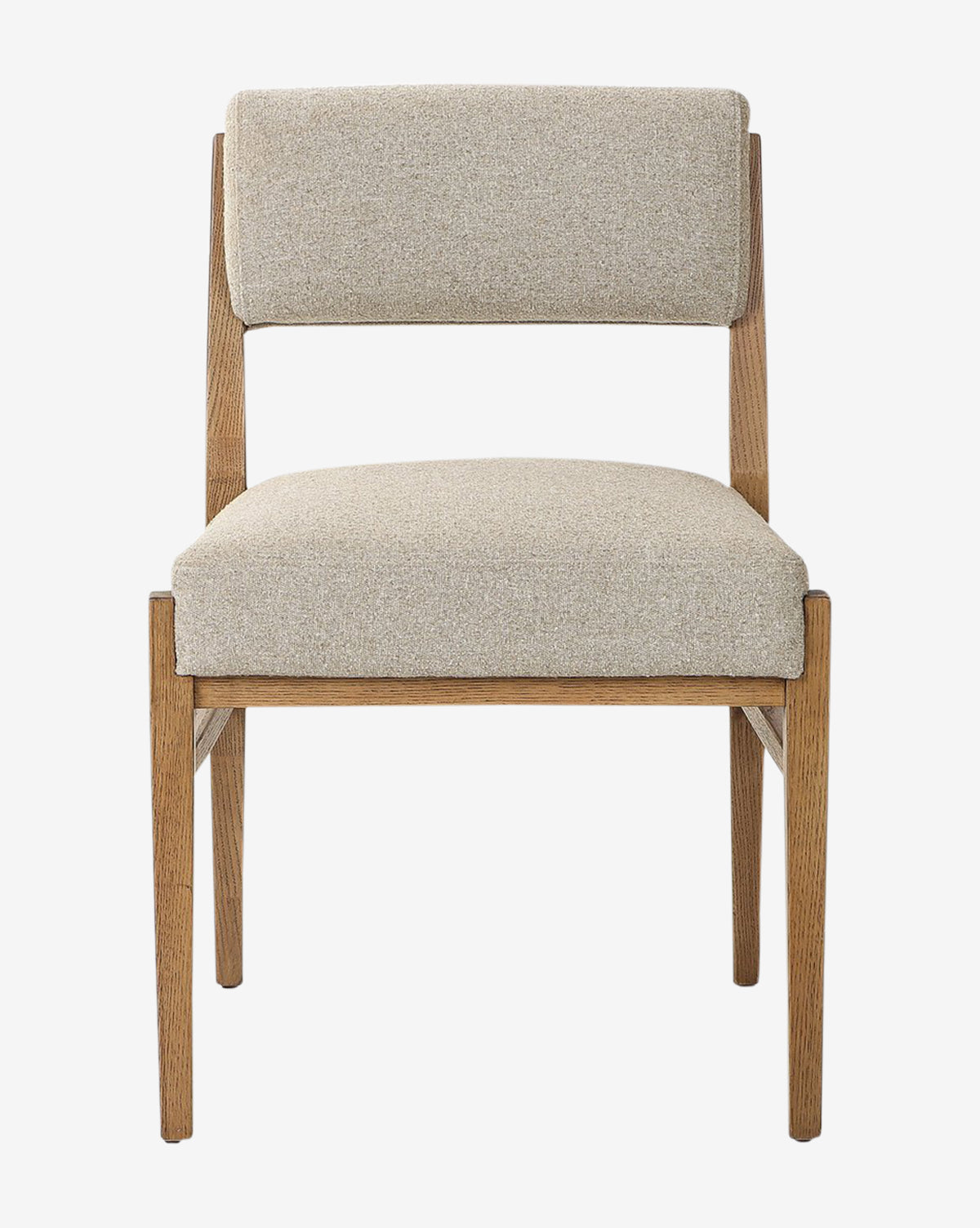 The Bailey Dining Chair features a minimalist design in smoked oak with a wooden frame and light brown upholstered seat and backrest, by McGee & Co.