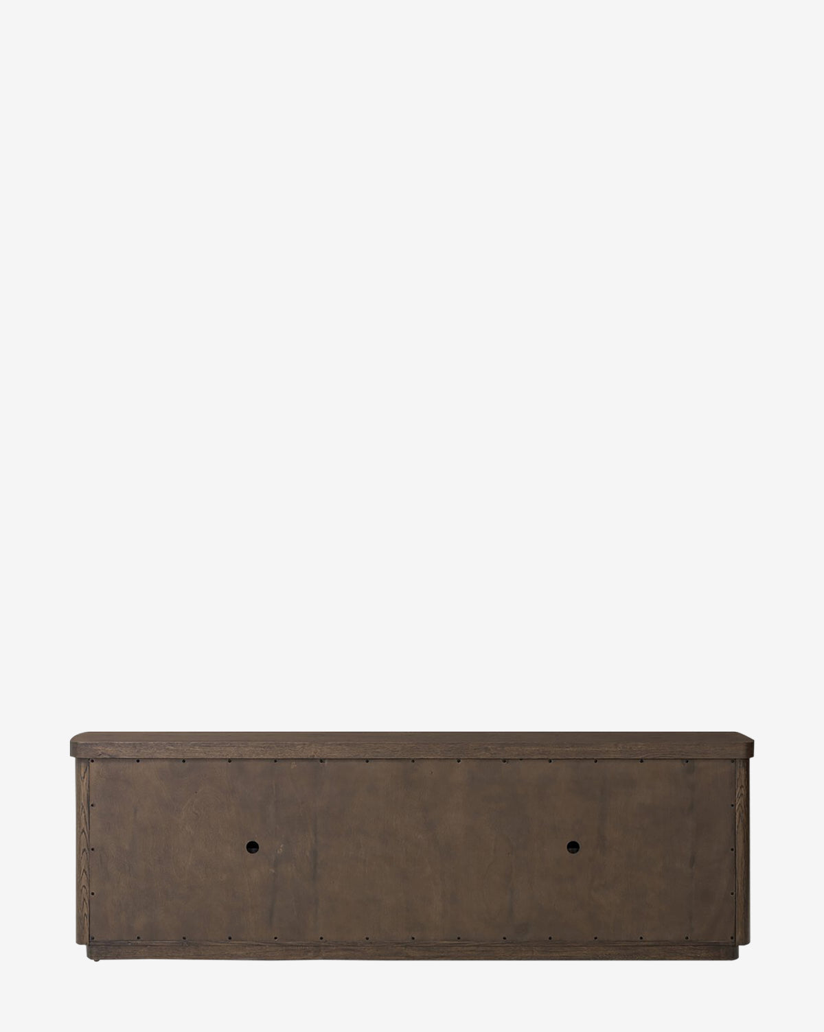 The Baldwin Sideboard is a rectangular, dark brown storage bench with a flat top and two small round holes on the front panel, shown against a plain white background by McGee & Co.