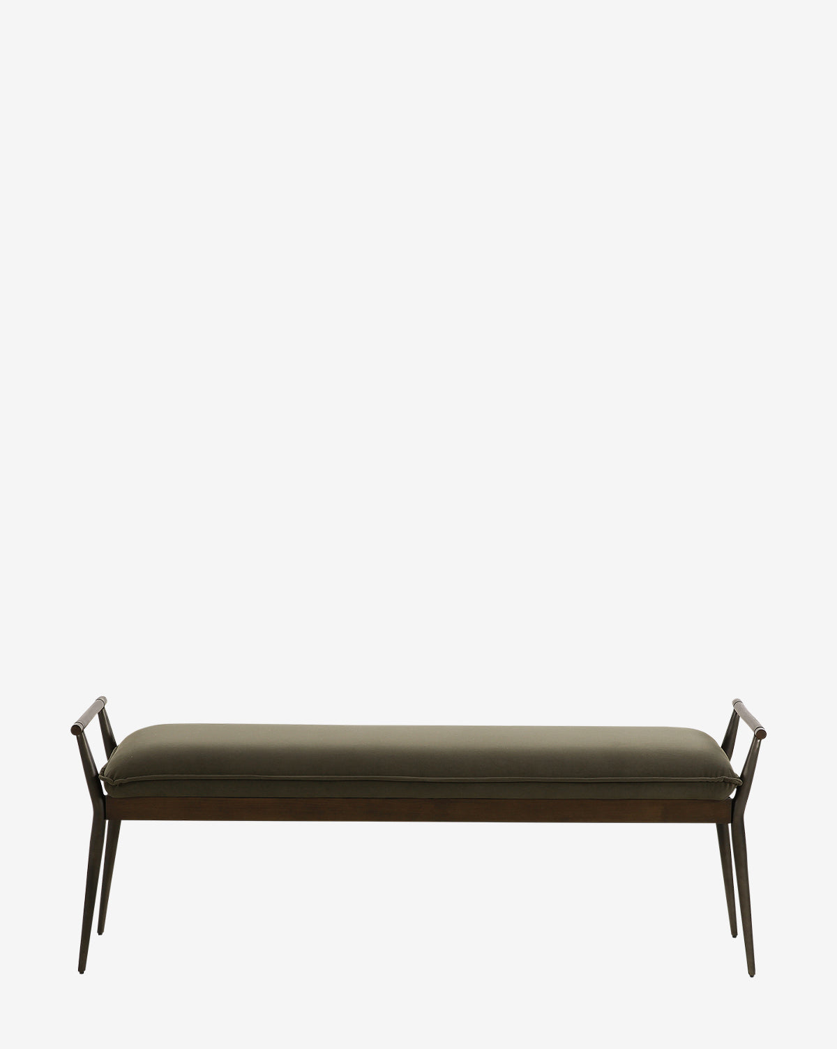 The Balfour Bench by Four Hands is a minimalist modern bench with a dark upholstered cushion, wooden frame, angled legs, and short armrests on both ends. Its shown against a plain white background. McGee & Co.