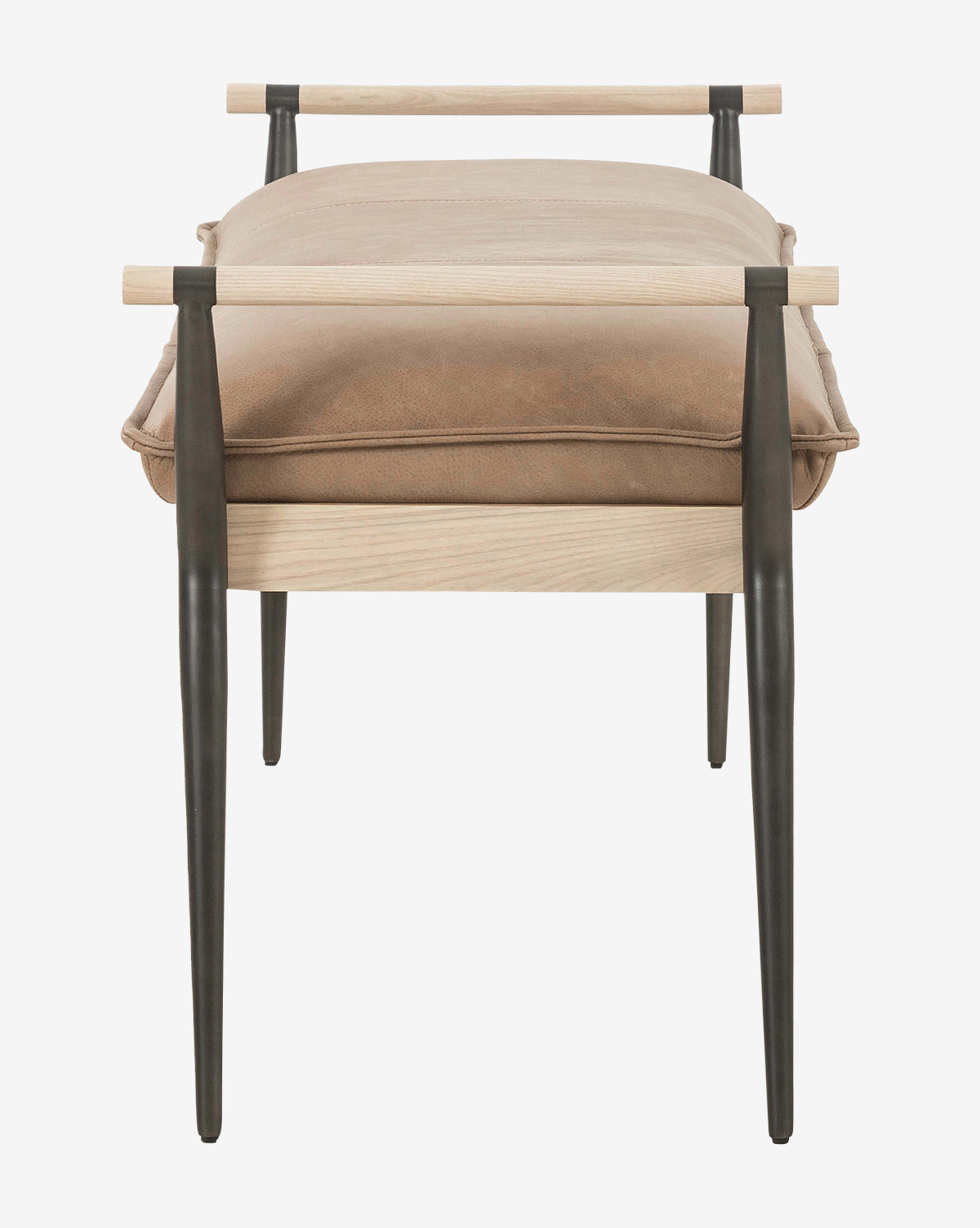 The Balfour Bench features a modern light wood frame, brown leather upholstered cushion, and sleek black steel legs, shown from the front against a white background by McGee & Co.