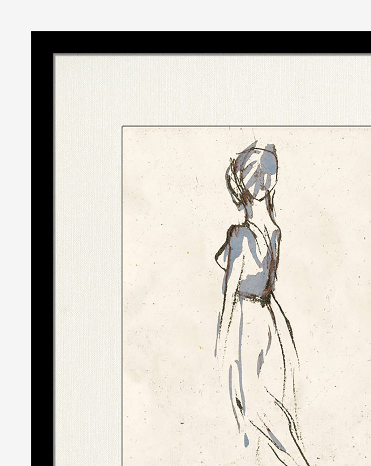 Ballerina Sketch 1: A minimalist artwork of a standing ballerina facing away, rendered with soft lines in muted tones on a light textured background and framed in black—perfect for any art collection or gallery wall.