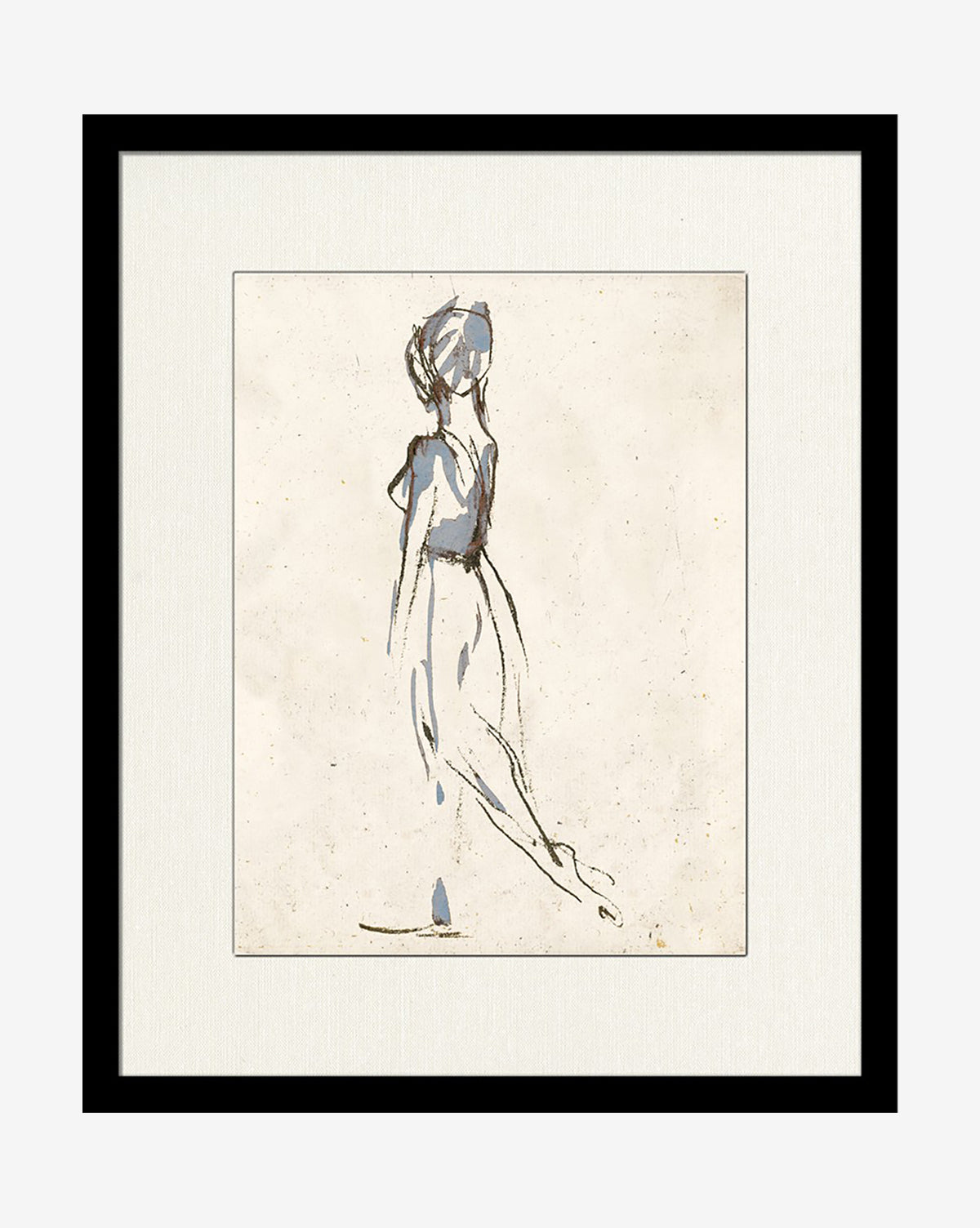 Ballerina Sketch 1 features a minimalist profile of a standing woman, drawn with expressive lines and blue-gray shading. Displayed in a black frame with a light mat, it’s perfect for art collections or adding elegance to your gallery wall.