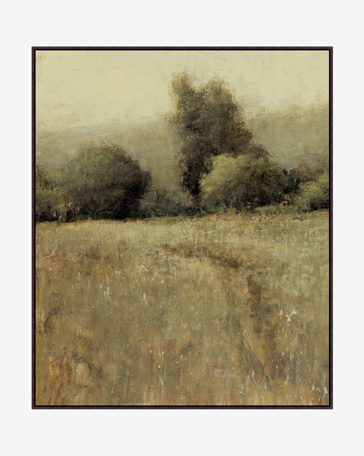 Balmy Meadow by Don Bishop features a soft, muted grassy field with a winding path and dense trees beneath a hazy sky—this tranquil wall art adds earthy tones and serenity to any space.