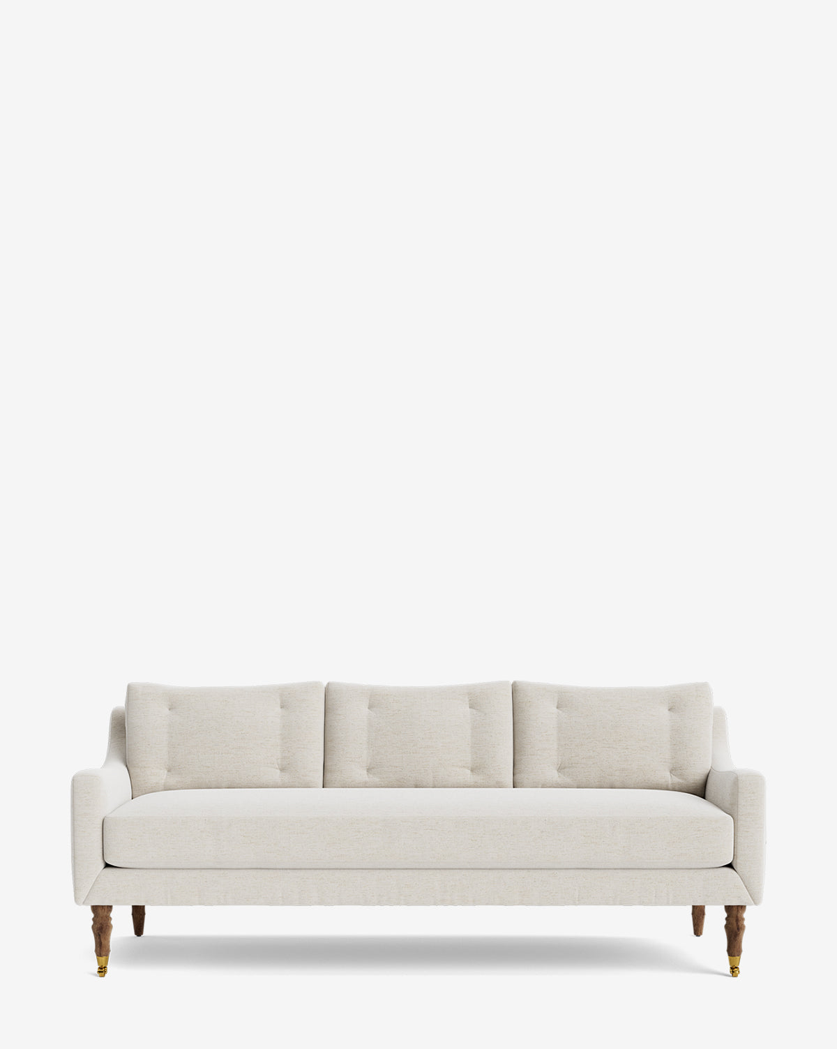 The Barden Sofa 84 showcases modern light beige upholstery, three tufted cushions, and reeded wood legs, displayed against a plain white background by McGee & Co.