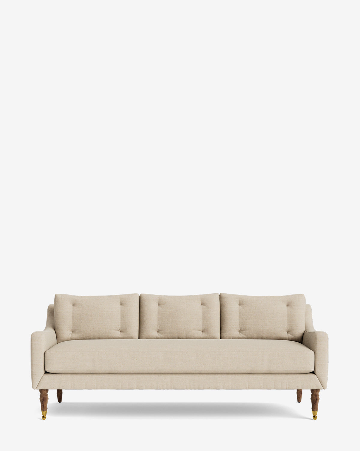 The Barden Sofa 84 is a beige three-seater featuring tufted cushions, slim armrests, and elegant reeded wood legs, set against a plain white background by McGee & Co.