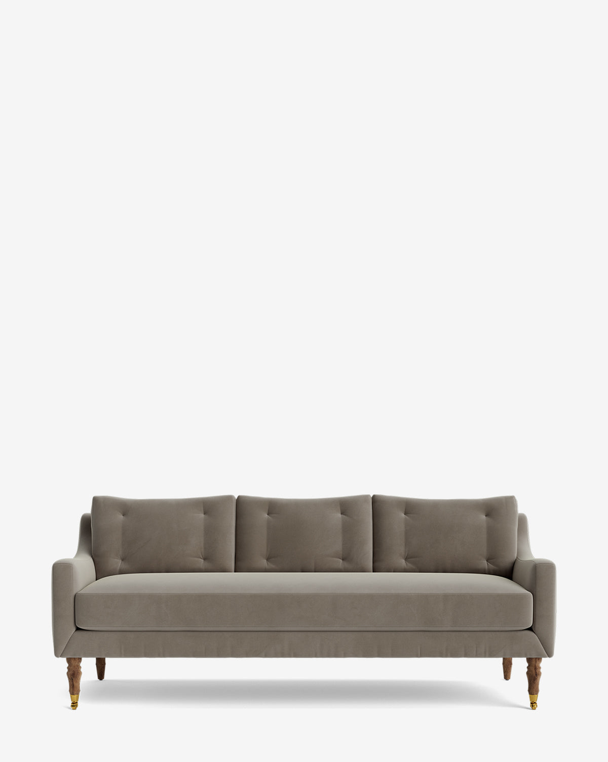 The Barden Sofa 84 showcases a modern taupe design with three seat and back cushions, slim armrests, and reeded wood legs accented with brass, all displayed against a plain white background, by McGee & Co.
