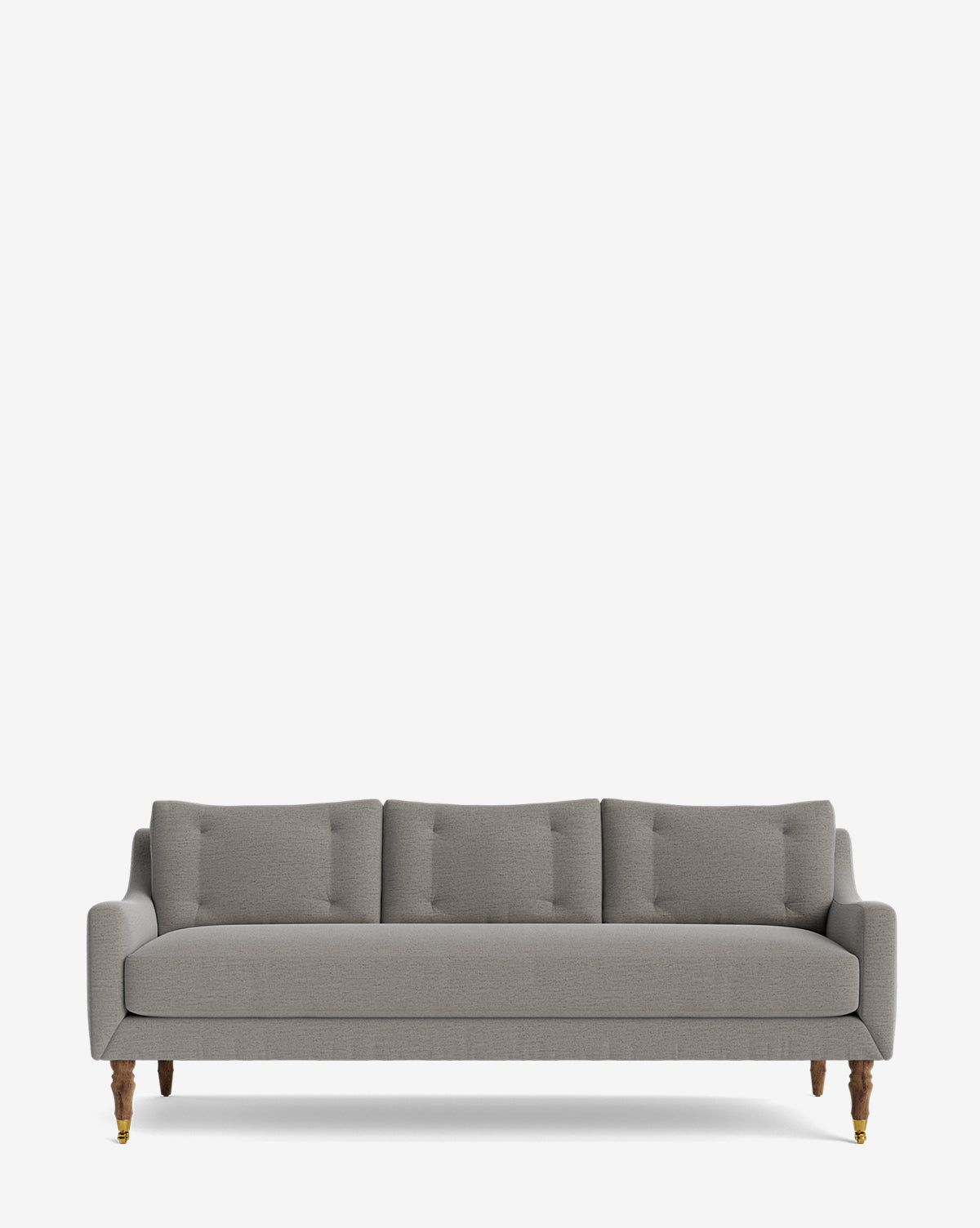 The Barden Sofa 84 is a modern, light gray three-seater with tufted back cushions and elegant reeded wood legs, shown on a plain white background by McGee & Co.