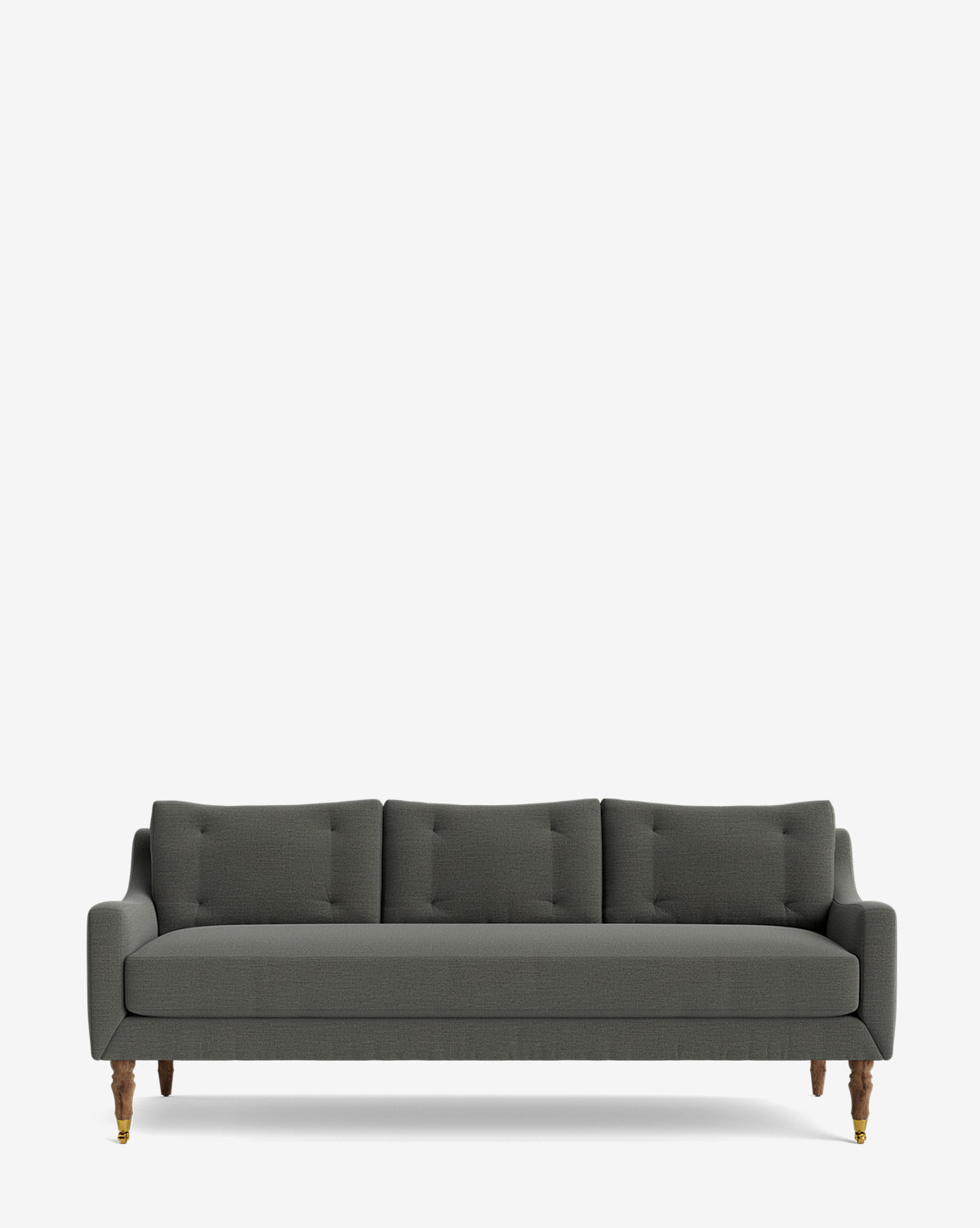 The Barden Sofa 84 is a modern dark grey three-seater with tufted cushions and reeded wood legs, shown against a plain white background by McGee & Co.