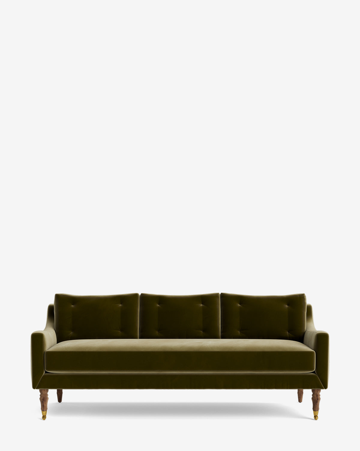 The Barden Sofa 84 is a modern olive green velvet sofa with tufted cushions, button-tufted backrests, and reeded wood legs, shown against a plain white background by McGee & Co.