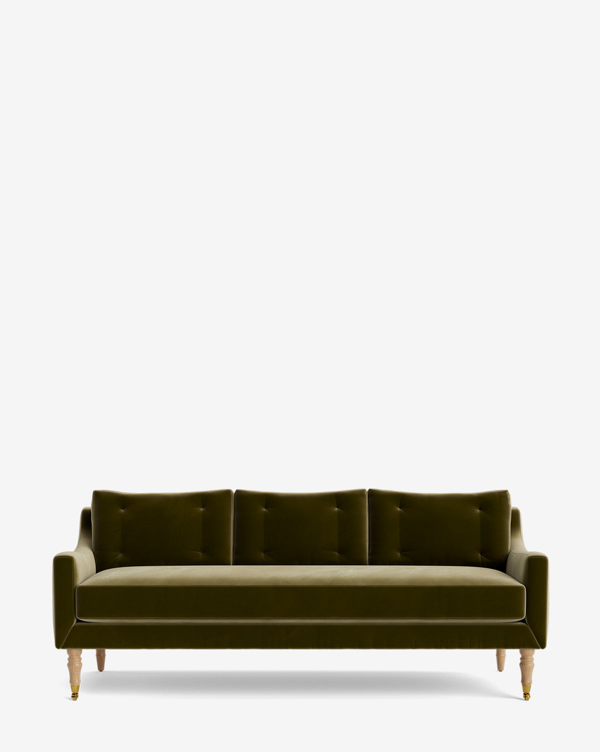 The Barden Sofa 84 is a modern olive green velvet sofa featuring three tufted seat cushions, three backrest pillows, and light reeded wood legs, shown against a plain white background by McGee & Co.