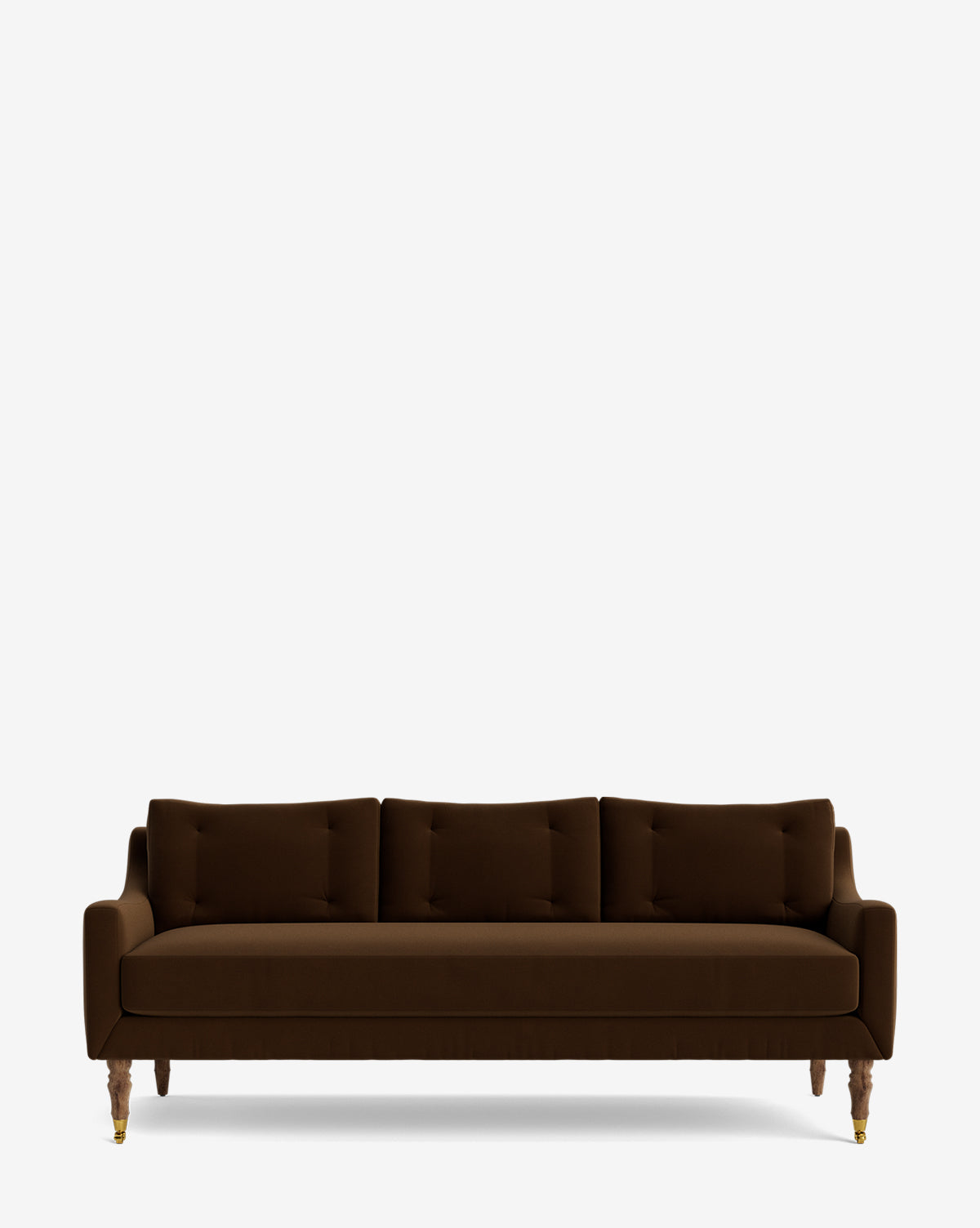 The Barden Sofa 84 is a dark brown, three-seater with clean lines, tufted cushions, and elegant reeded wood legs with brass caps, shown against a plain white background by McGee & Co.
