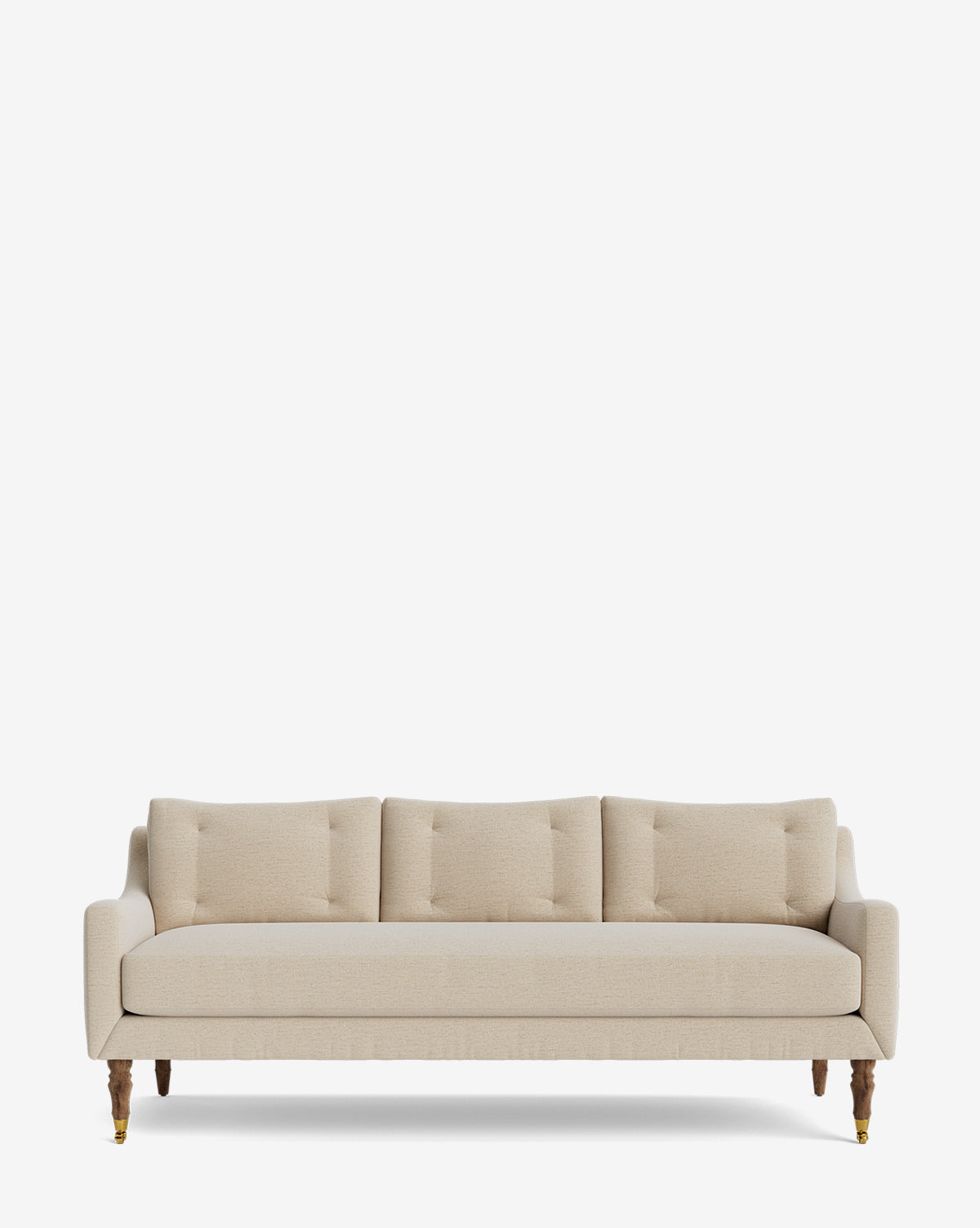 The Barden Sofa 84 is a modern beige piece with three seat and back cushions, elegant reeded wood legs accented in gold, set against a plain white background by McGee & Co.