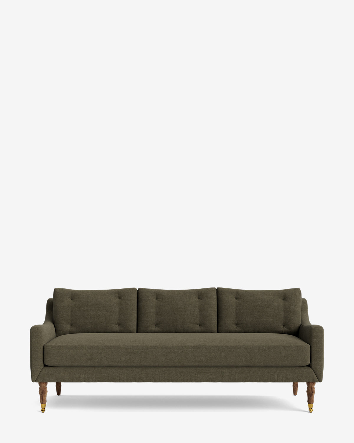 The Barden Sofa 84 is a dark green three-seater with tufted back cushions, slim armrests, and elegant reeded wood legs, shown against a plain white background by McGee & Co.
