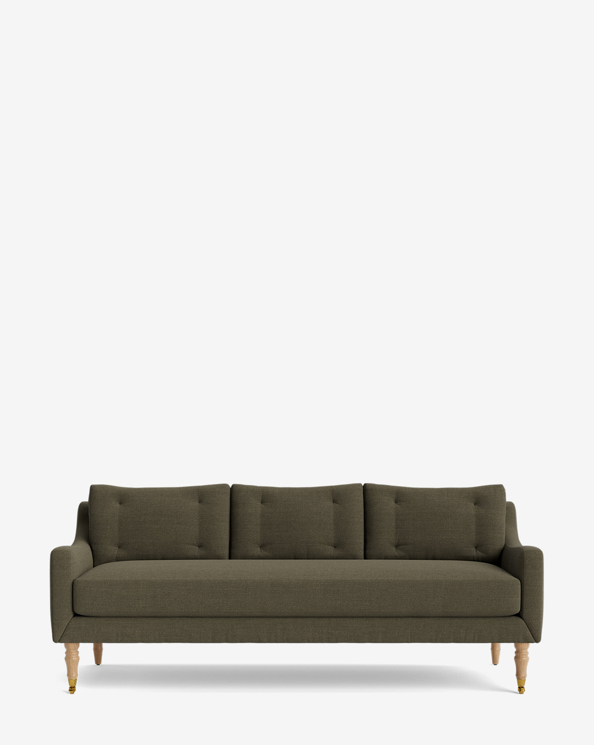 The Barden Sofa 84 in dark olive green features three tufted back cushions and light reeded wood legs, displayed against a plain white background, by McGee & Co.