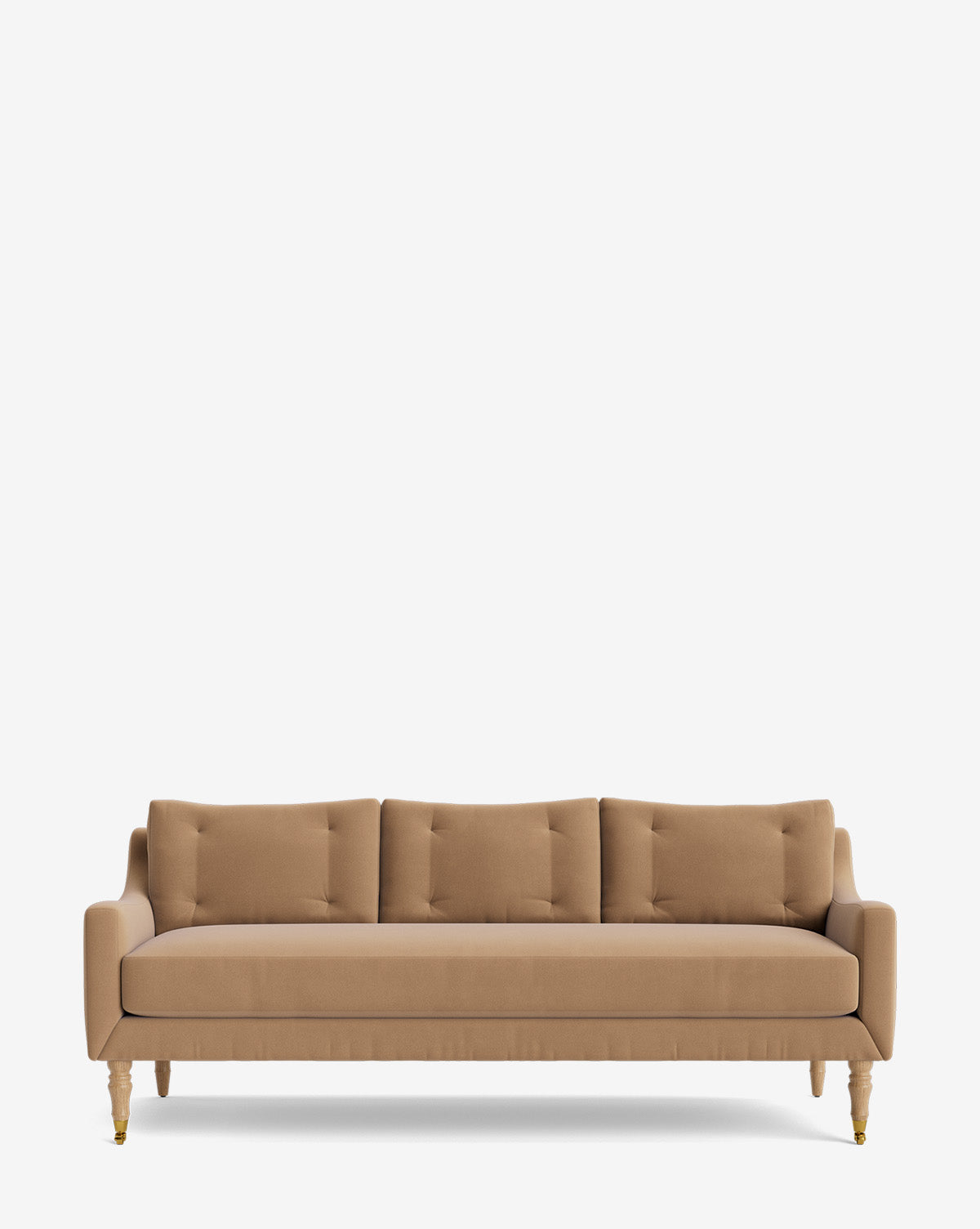 The Barden Sofa 84 boasts a modern tan design with four seat cushions, clean lines, and elegant reeded wood legs with gold tips, all set against a plain white background by McGee & Co.