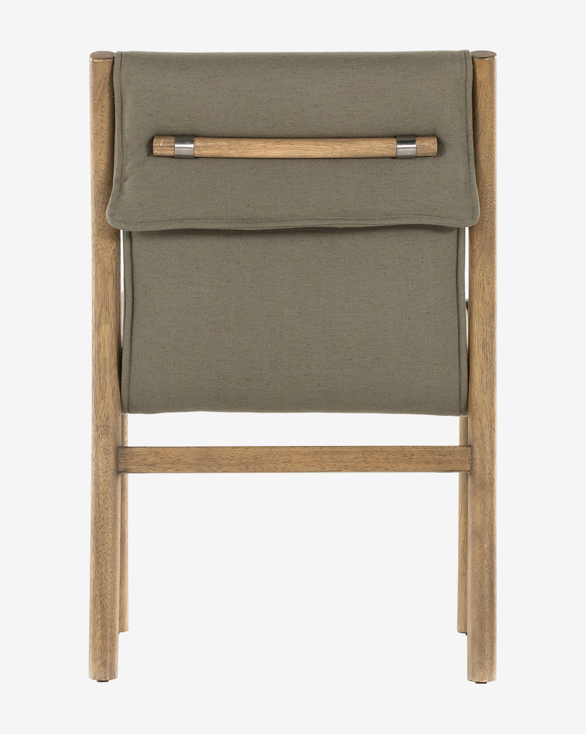 A front view of the Bardot Dining Chair shows its parawood frame and olive green high-performance fabric backrest with a horizontal wood rod near the top, all set against a plain white background by McGee & Co.