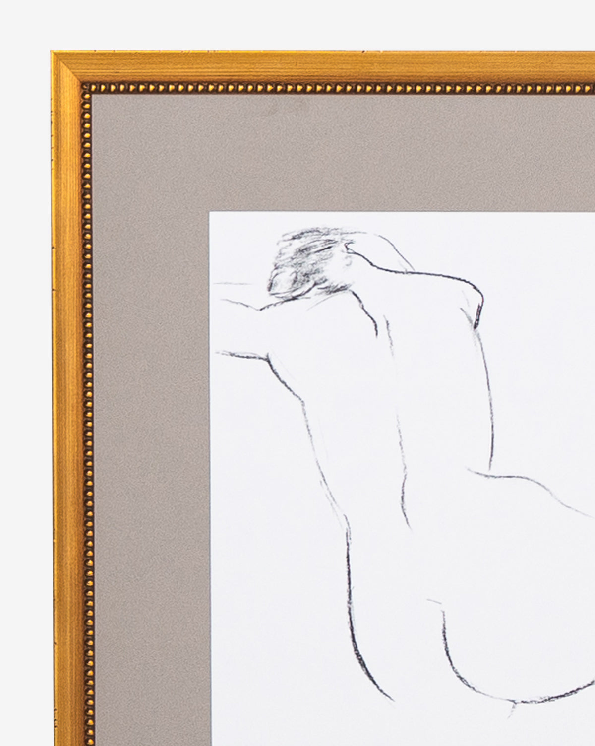 Bare is a minimalist line drawing of a nude figure from behind, crafted in outline art. Presented in an antique gold frame with beaded edge and gray matte border, it’s finished with gallery-quality materials.