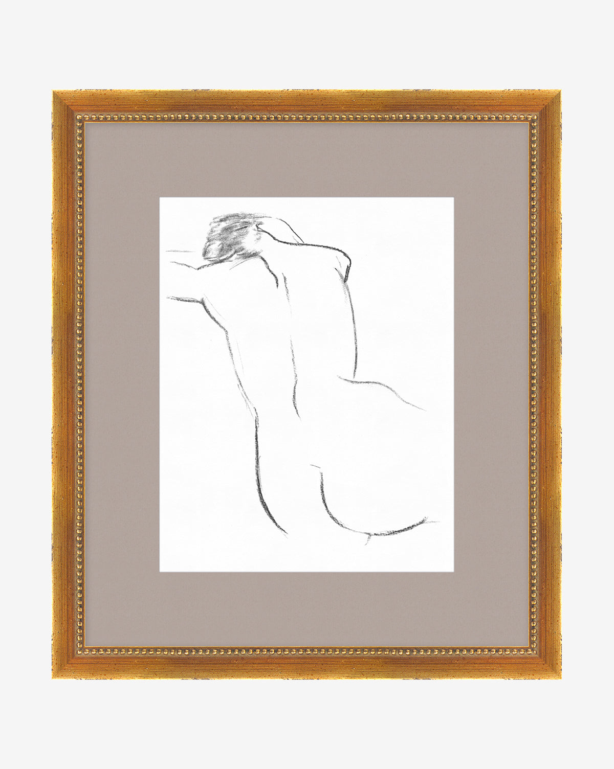 Bare is a framed minimalistic outline art of a reclining nude seen from behind, drawn in black on white paper with a beige mat and antique gold frame, crafted from gallery-quality materials.