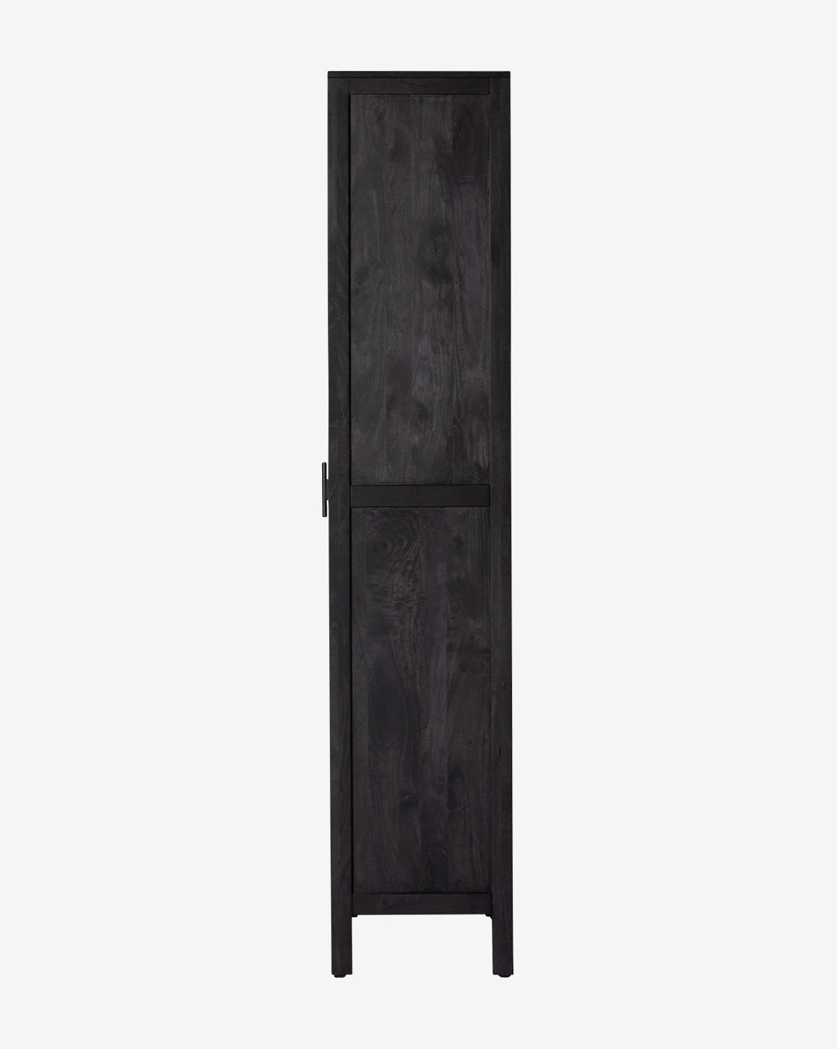 The Barney Cabinet, a tall and narrow black-washed wood cabinet with a single door, stands against a plain white background, showcasing modern storage ideal for contemporary interiors by McGee & Co.