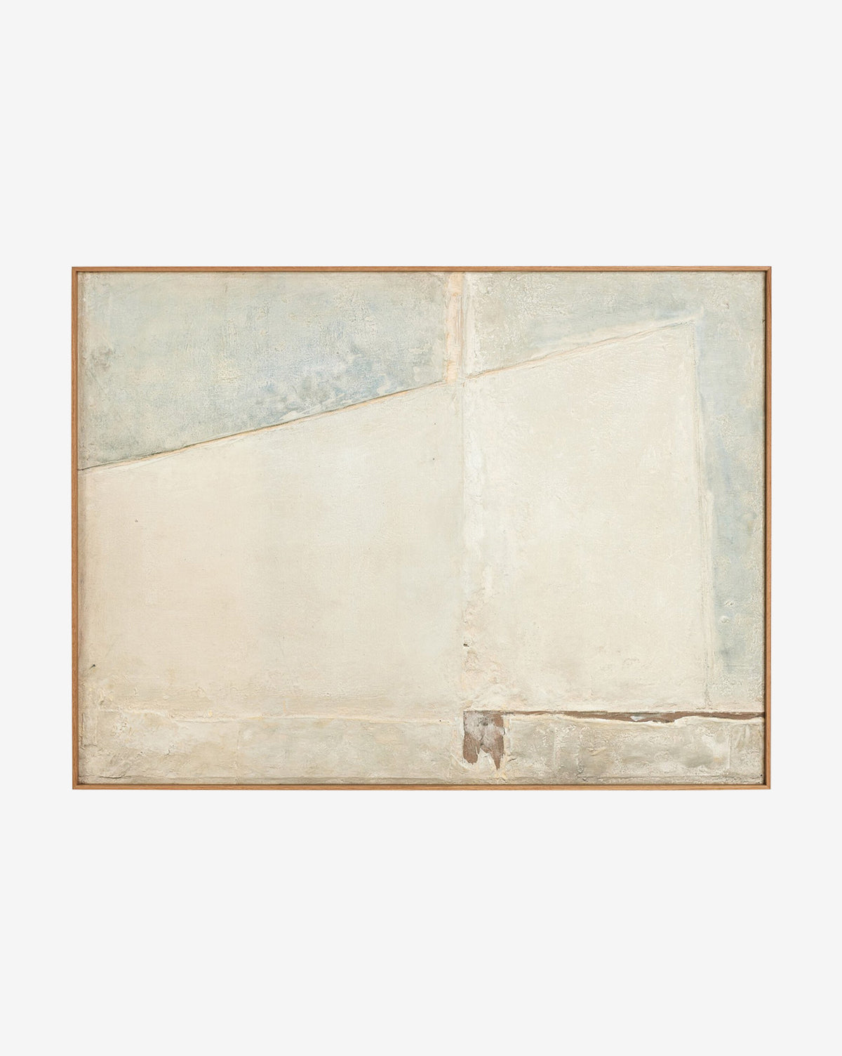 Basalt by Paul Meyer is a minimalist abstract canvas art featuring soft off-white and pale blue geometric shapes with textured lines on a neutral background, elegantly framed with thin wood, by McGee & Co.