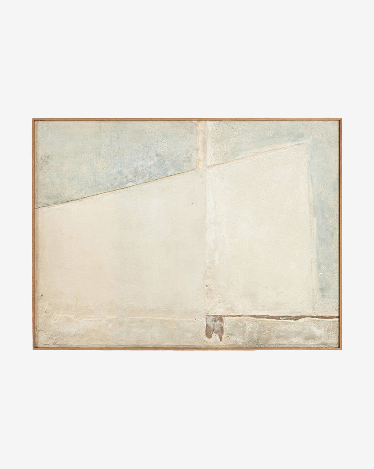 Basalt by Paul Meyer is an abstract canvas featuring geometric shapes in white, beige, and light blue, with textured surfaces and intersecting lines evoking basalt patterns on a rectangular canvas, by McGee & Co.