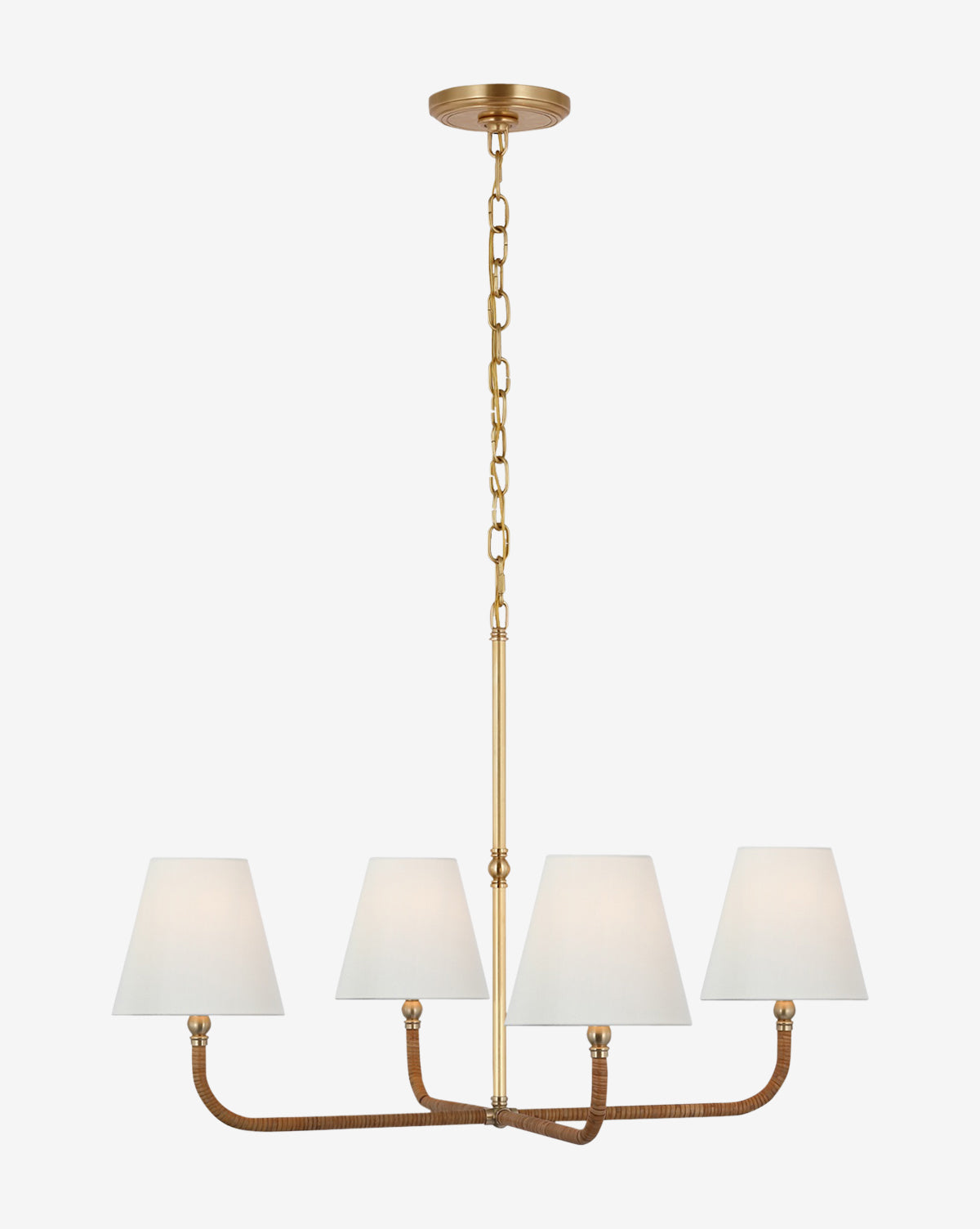 The Basden Medium Single Tier Chandelier by Visual Comfort & Co. Signature features four brown-wrapped arms with white tapered shades and a gold chain and rod for a modern rattan look. McGee & Co.