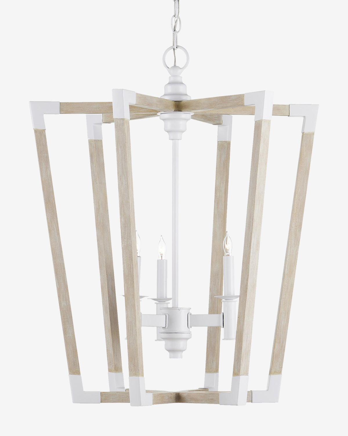 The Bastian Sandstone Chandelier by Currey & Co. features a geometric frame with light wood accents and white metal, holding four candle-style bulbs in an airy open-cage design suspended from a short chain—McGee & Co.
