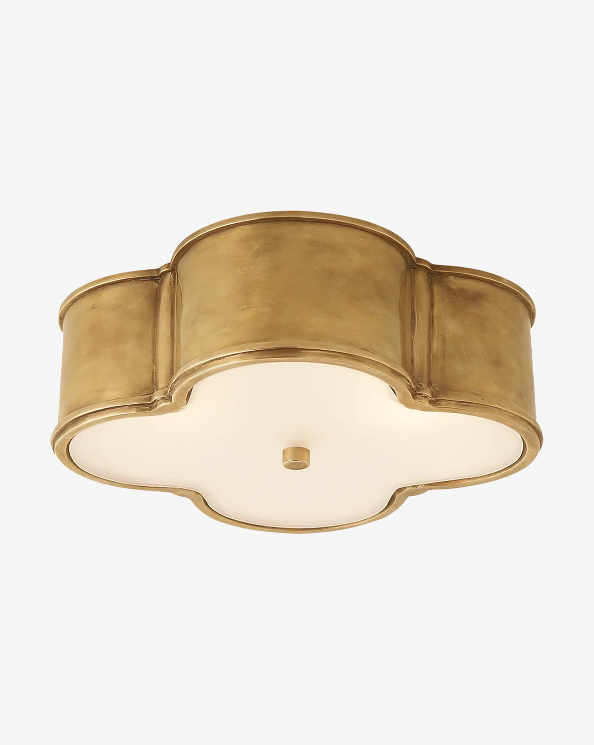 The Basil Flush Mount by Visual Comfort & Co. Signature features a gold quatrefoil design, frosted glass cover, and central gold knob, shown against a plain white background. McGee & Co.