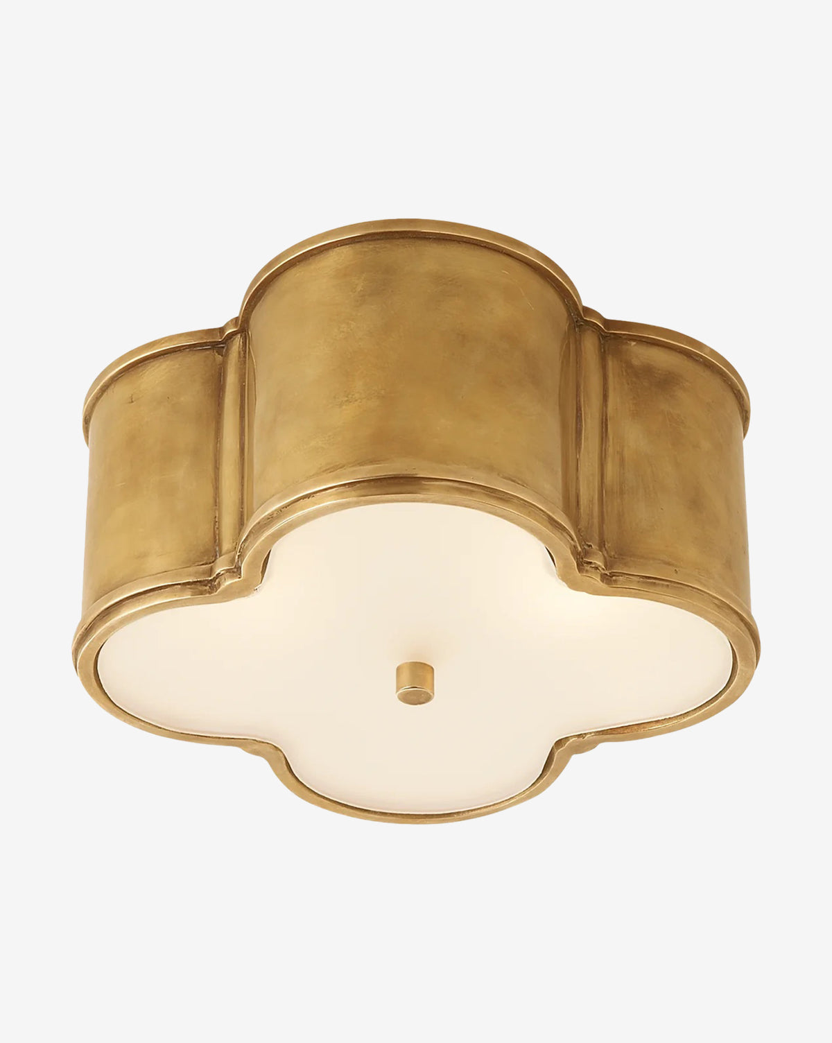 Certainly! Here’s your blended sentence: The Basil Flush Mount by Visual Comfort & Co. Signature features a gold quatrefoil frame and frosted glass cover, shown from below against a plain background, McGee & Co.