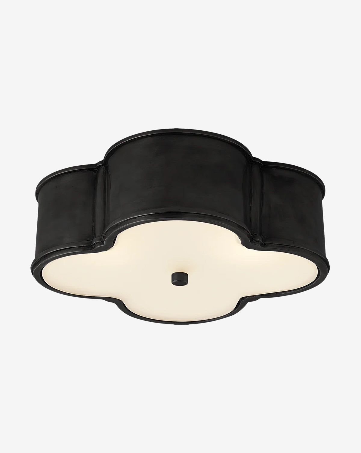 The Basil Flush Mount by Visual Comfort & Co. Signature features a black, quatrefoil-shaped design with a frosted glass diffuser and central black accent, shown against a plain white background. McGee & Co.