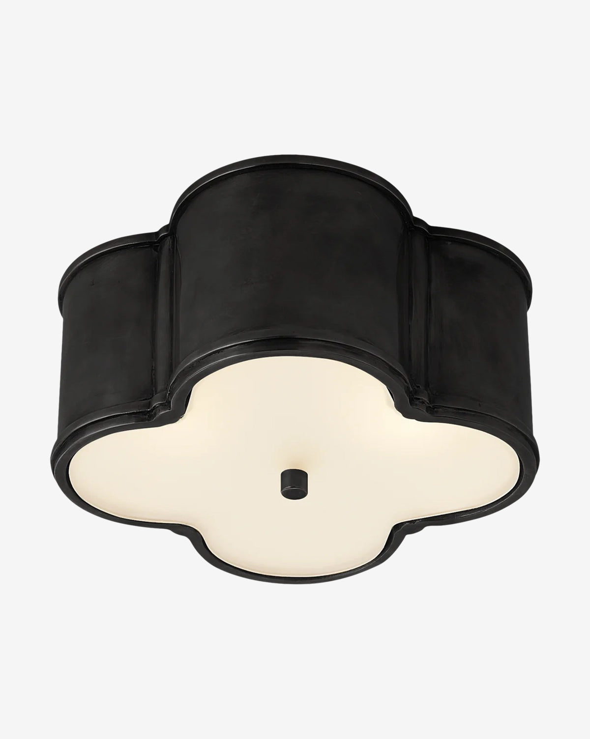 The Basil Flush Mount by Visual Comfort & Co. Signature features a black quatrefoil silhouette, smooth matte finish, and white frosted glass cover, shown from below against a plain background. McGee & Co.