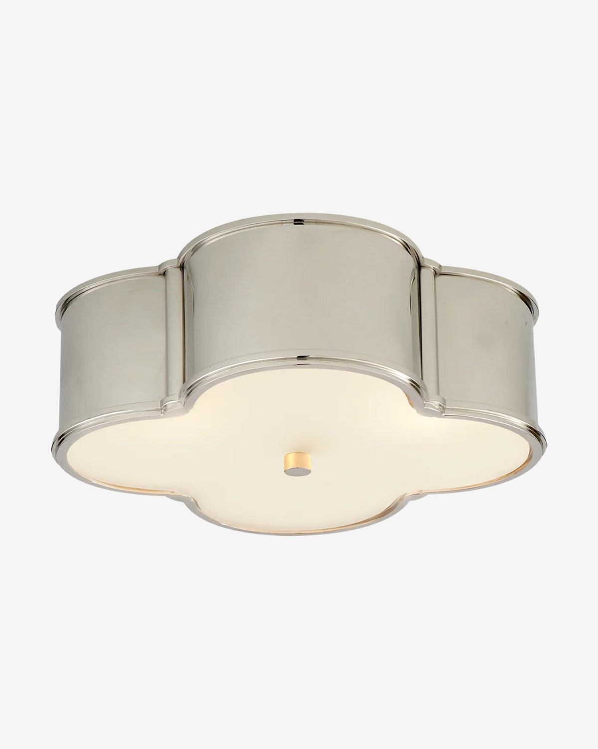 The Basil Flush Mount by Visual Comfort & Co. Signature features a polished chrome quatrefoil frame and frosted glass diffuser, mounted flush to the ceiling for a modern look. McGee & Co.