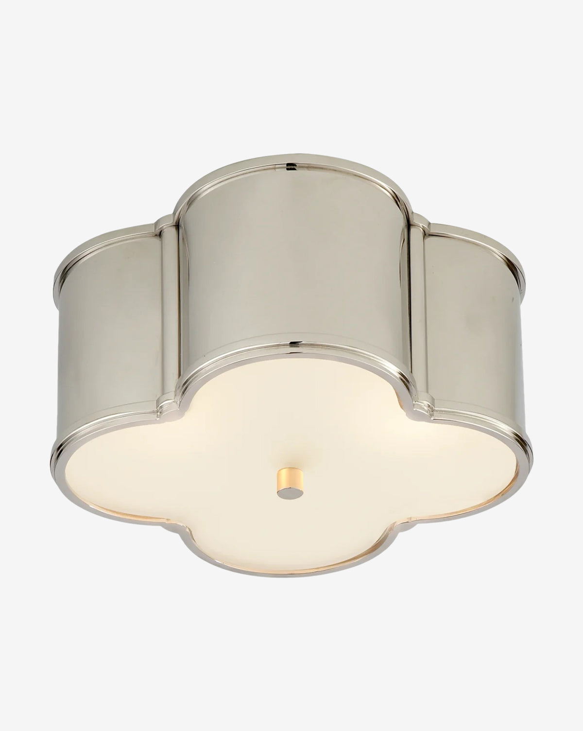 The Basil Flush Mount by Visual Comfort & Co. Signature features a polished metallic, four-lobed clover-shaped frame with a frosted glass diffuser, mounted elegantly flush against the ceiling—McGee & Co.