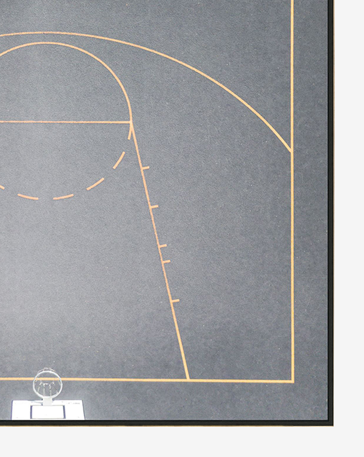 The “Basketball Court” is a minimalist wall art piece with gold lines on gray, highlighting the three-point arc, free throw lane, and hoop—ideal vintage canvas decor for a modern children’s room.