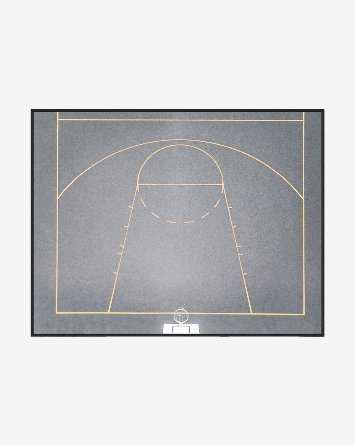 The Basketball Court features a top-down view of a half-court with yellow lines on grey—marking the key, free throw circle, three-point line, and hoop—ideal as vintage canvas or court wall art for a childs room.
