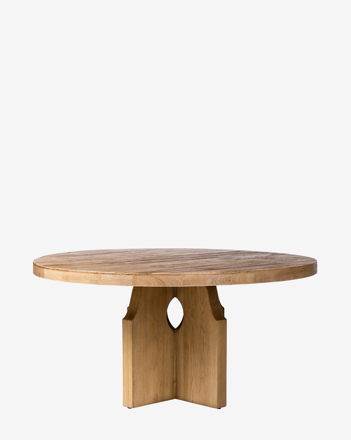 The Bayard Round Dining Table features a thick reclaimed elm wood top and a sturdy cross-shaped pedestal base with a small diamond cutout, all inspired by Swedish design and showcased against a plain white background by McGee & Co.