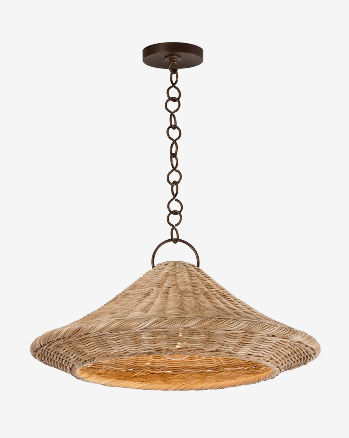 The Baychester Pendant by Hudson Valley Lighting features a wide, cone-shaped woven rattan shade suspended from a dark metal chain and round mount, casting a warm glow through its natural wicker design. McGee & Co.
