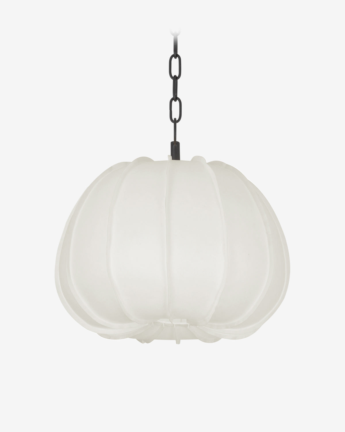 The Troy Lighting Bayu Pendant showcases a white, dome-shaped handmade paper shade with unique texture and subtle ribbing, hanging from a black chain against a plain white background. McGee & Co.