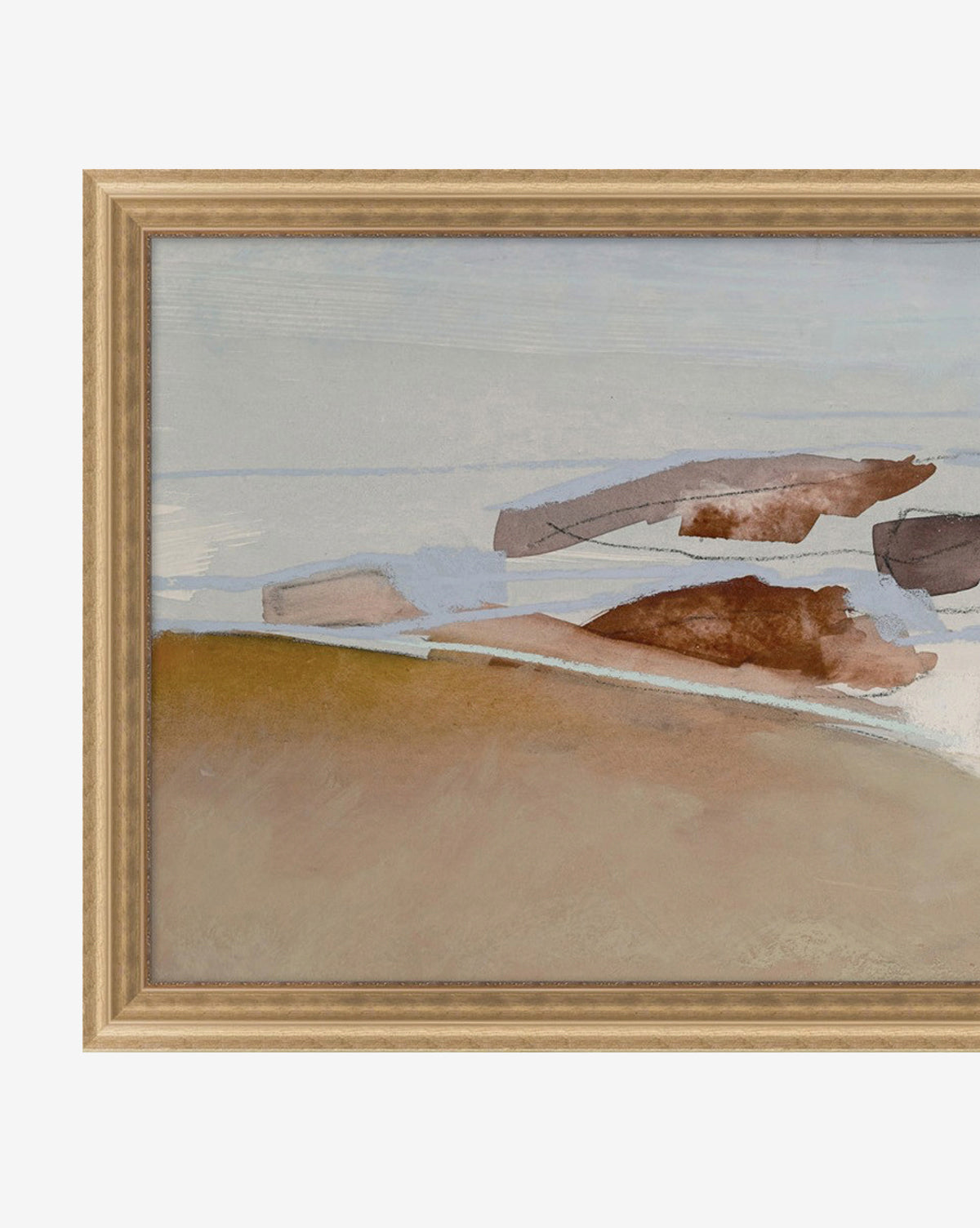 Beach Abstract is a framed painting featuring broad brown and tan brushstrokes on a muted blue-gray background, evoking a minimalist landscape with serene coastal colors and a subtle seaside aesthetic, by McGee & Co.