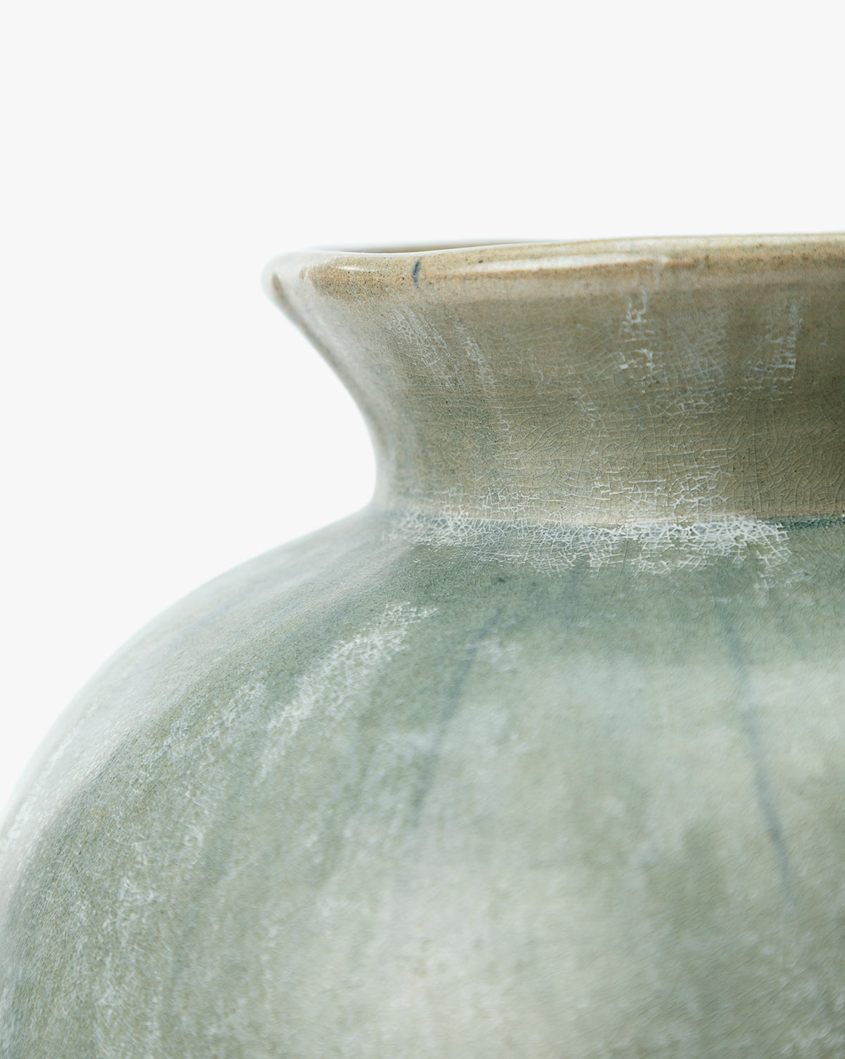 Close-up of the Beatrix Vase’s upper section, highlighting its wide opening, smooth light greenish-gray surface, and refined handcrafted texture—an elegant piece set against a clean white background, by McGee & Co.