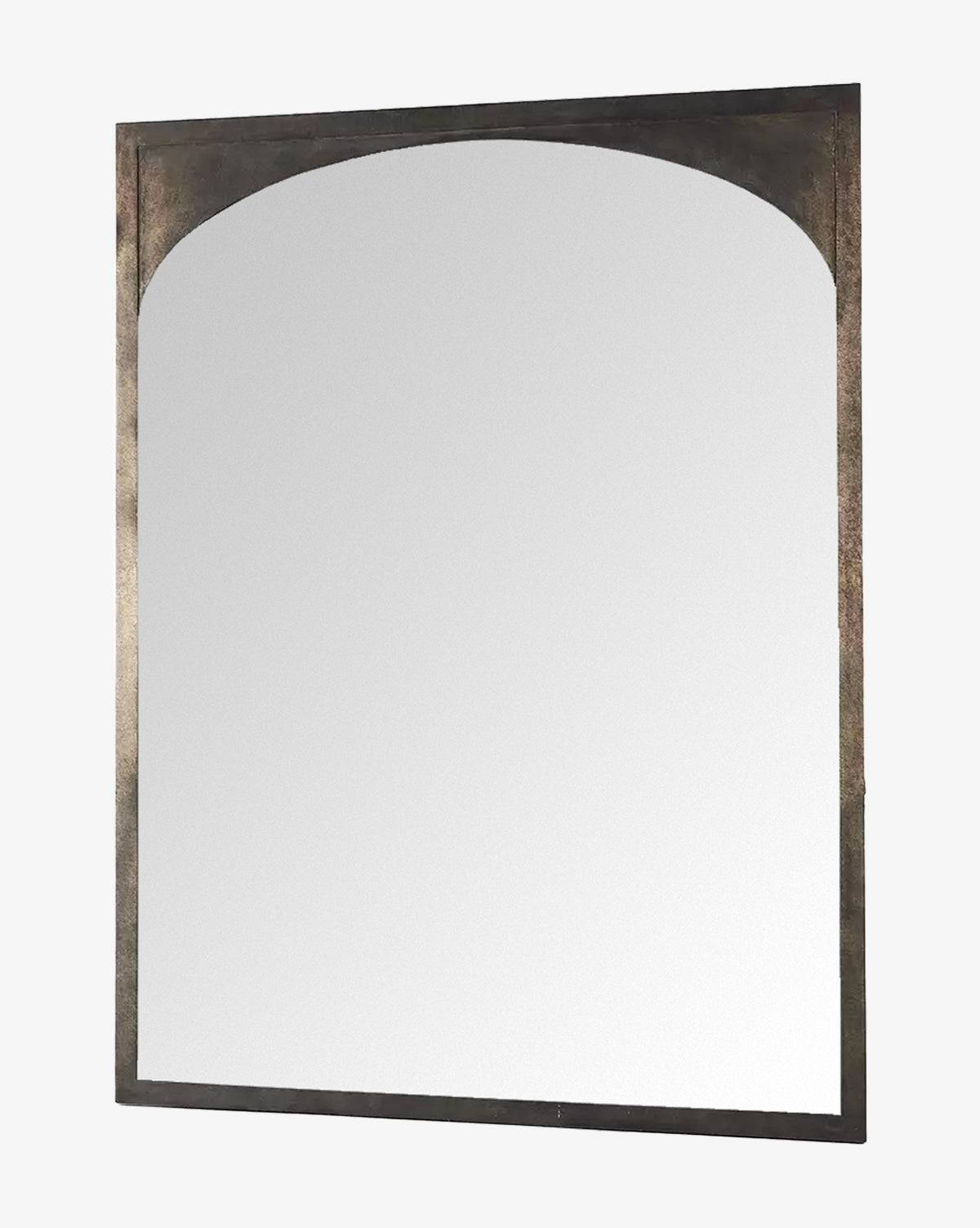 The Beckington Floor Mirror features a rectangular design with a burnished charcoal iron frame and a subtle arched top, displayed against a plain white background by McGee & Co.