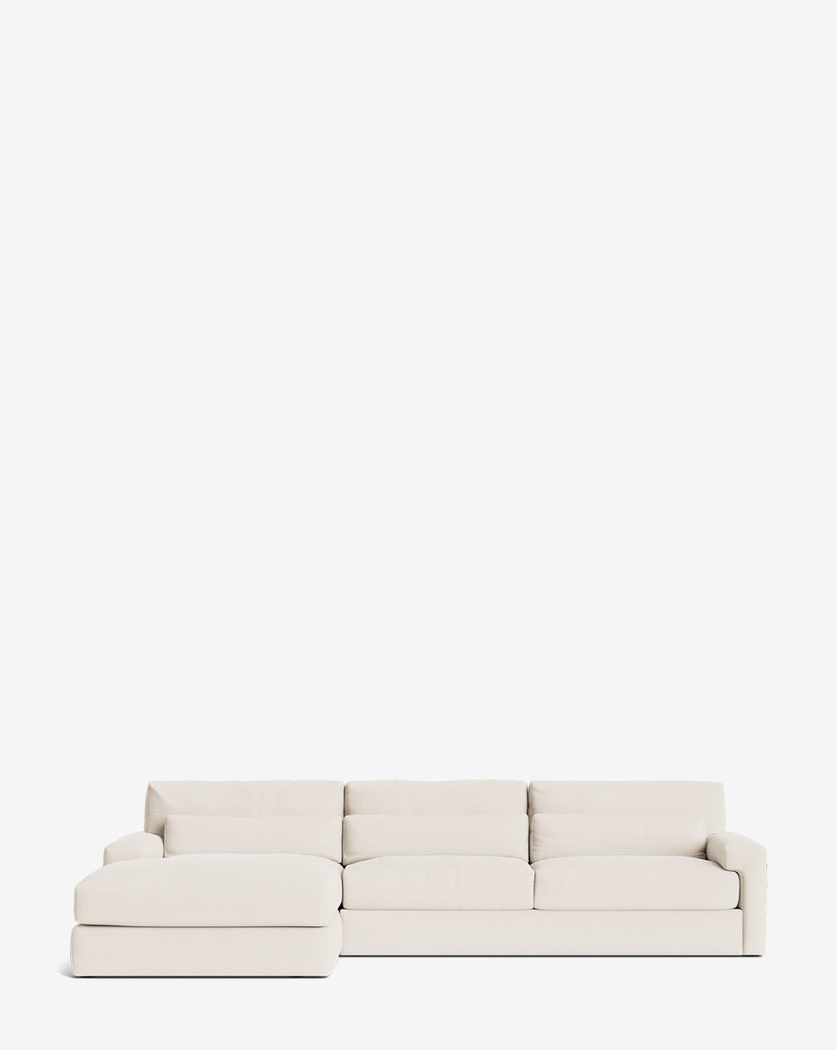 The Community Beckstead Chaise Sectional 128 features a modern, light beige design with three seat cushions and a left-side chaise lounge. Customizable for style and versatility, it’s perfect for contemporary spaces by McGee & Co.