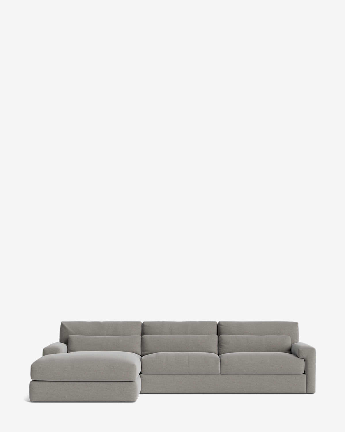The Beckstead Chaise Sectional 128 by Community features three seats and a left-facing chaise in light gray, set against a white background—a customizable, stylish, and comfortable addition to any modern living space. McGee & Co.