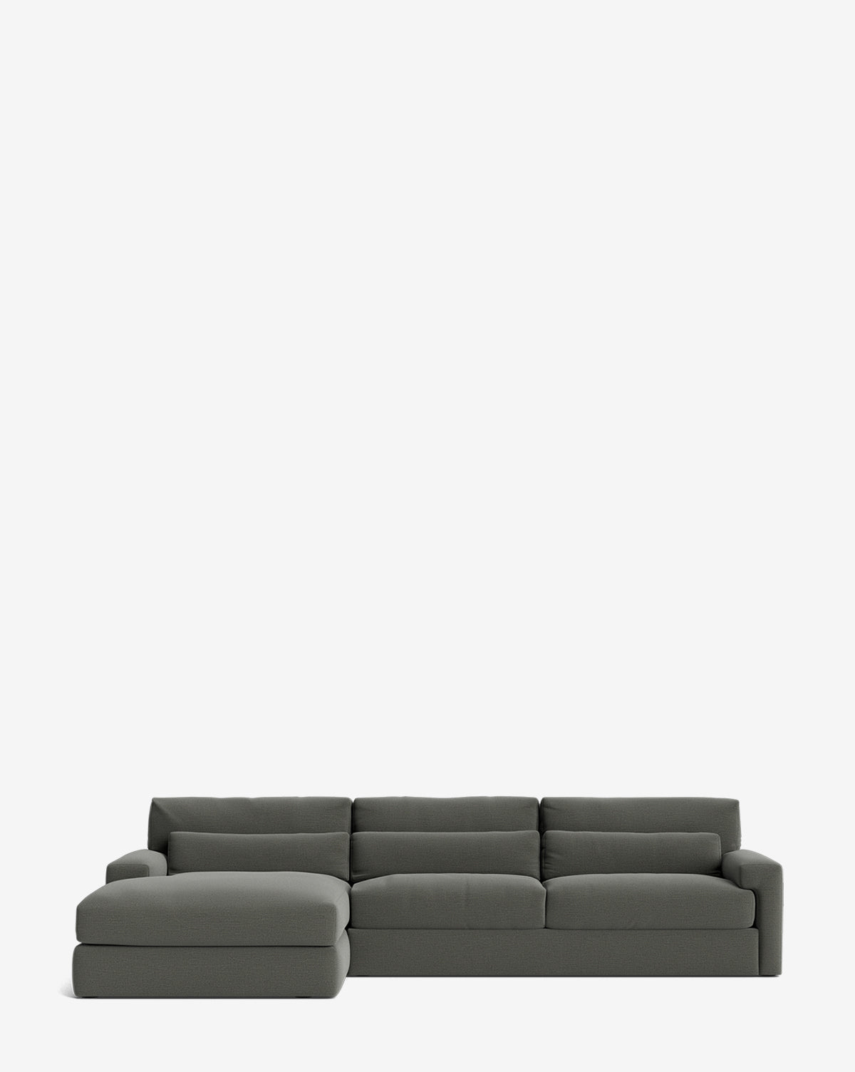 The Beckstead Chaise Sectional 128 by Community features a modern, dark gray design with a low profile, clean lines, and a left-side chaise lounge extension set against a plain white background. McGee & Co.
