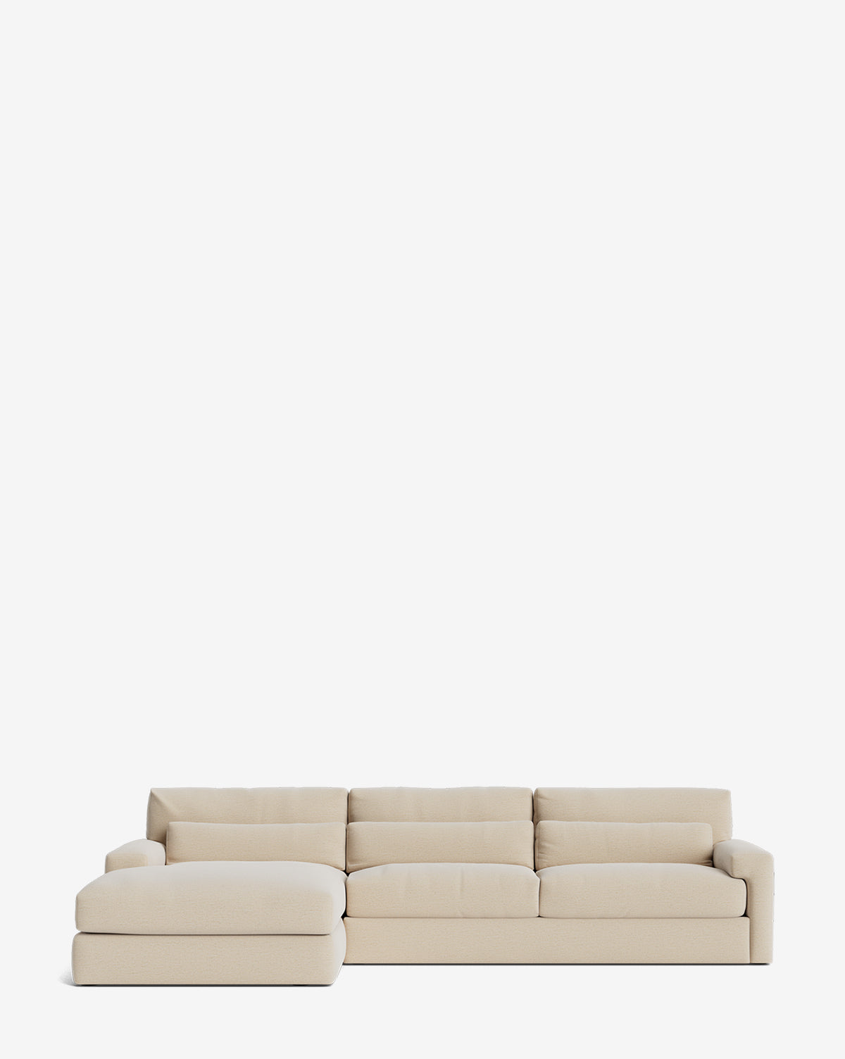 The Beckstead Chaise Sectional 128 by Community is a modern handcrafted beige sectional with three seat cushions and a left-side chaise, shown on a plain white background by McGee & Co.