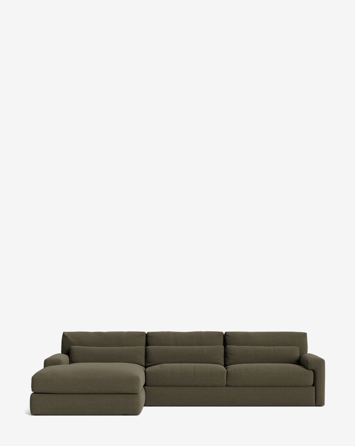 The Community Beckstead Chaise Sectional 128 is a modern, handcrafted sofa in olive green with a left-side chaise lounge, shown on a plain white background by McGee & Co.