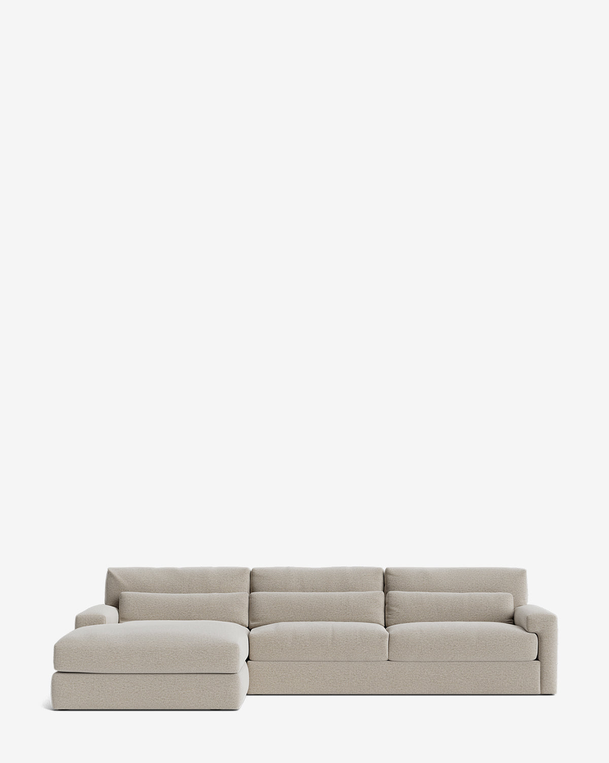 The Community Beckstead Chaise Sectional 128 is a modern, light gray sofa with a left-facing chaise lounge, plush cushions, and minimalist design, shown on a plain white background. McGee & Co.