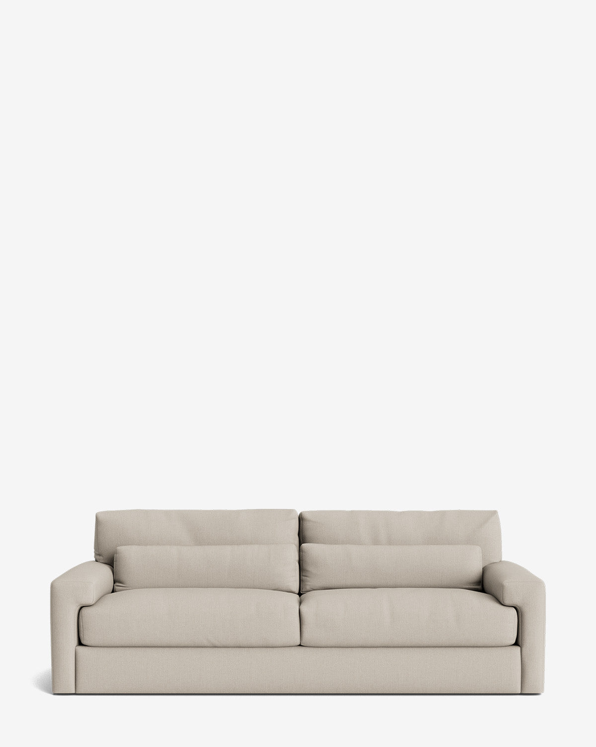 The Beckstead Sofa 92 is a modern, light beige sofa with two seat and two back cushions, low armrests, and a minimalist design, shown against a plain white background by McGee & Co.